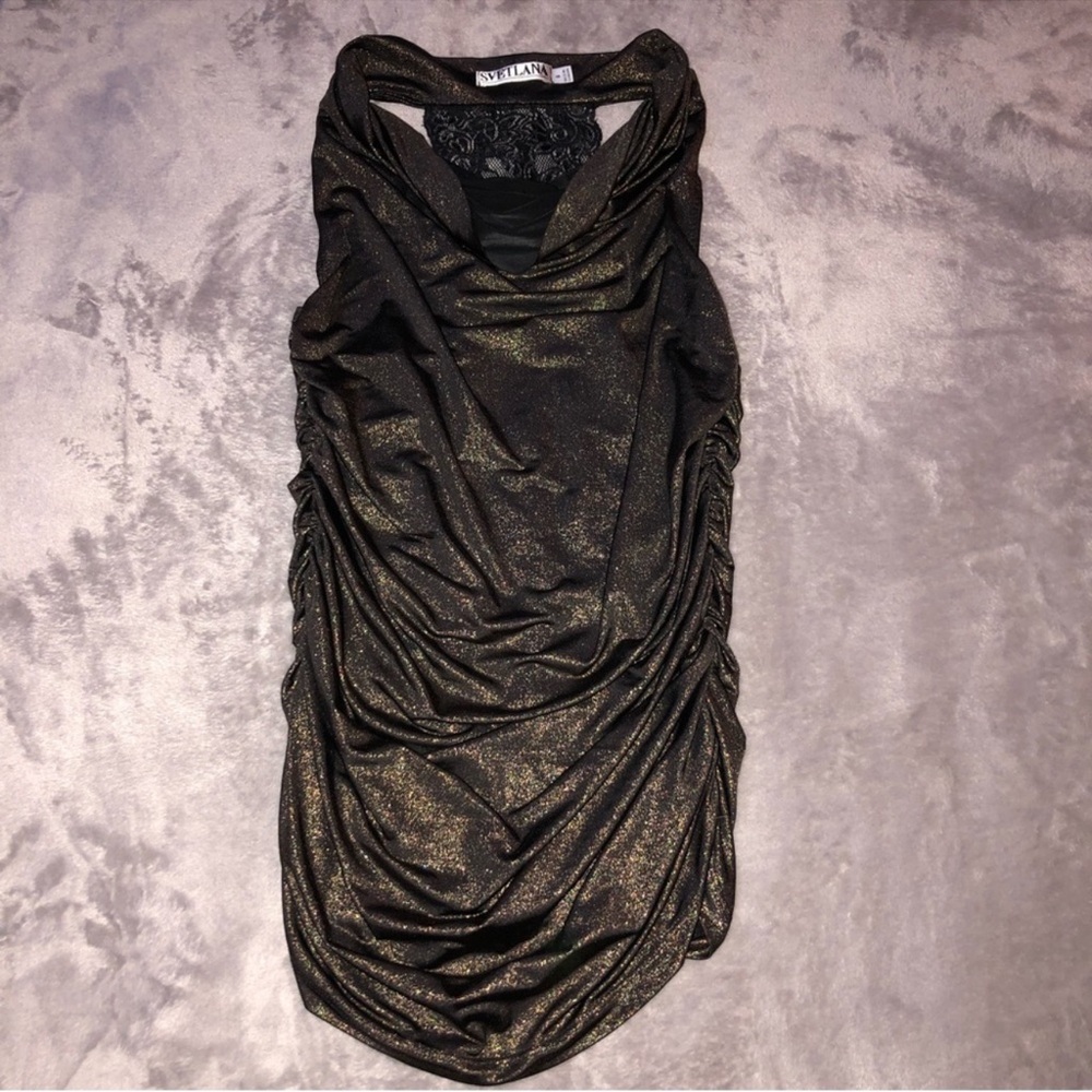 Black Gold Shimmer Ruched Tunic with a black floral see through back
